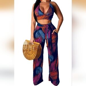 Tropical Print Wide-Leg Pants - Navy Blue